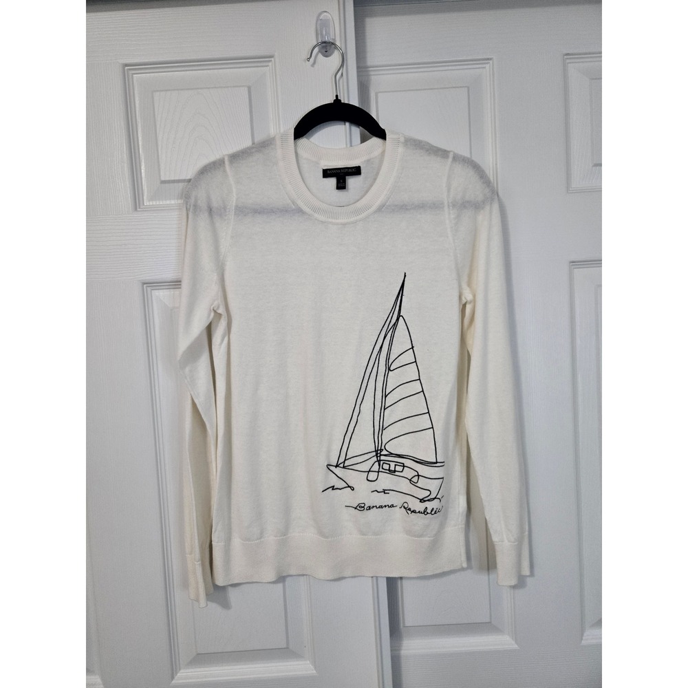 Banana Republic Womens White Cotton Sailboat Embroidered Crewneck Sweater Small